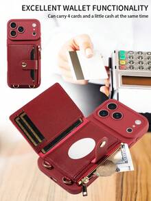 1 件装 PU 皮革钱包式手机壳，带卡槽、镜子和斜挎肩带，兼容 17 Pro Max/17 Pro/17/Air/16 Pro Max/16/15/14/13、Redmi - 酒紅色 - 查看 4