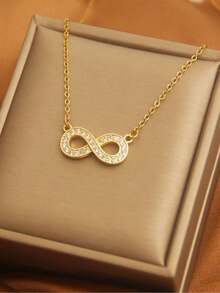 1pc Stainless Steel Infinity & Zirconia Decor Necklace, Elegant Gift For Women - Gold - View 3