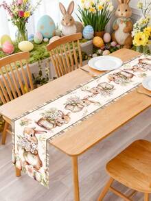 1pc Easter Joyful Table Runner, 180*35cm, Polyester Material, Decorated With Rabbits, Easter Eggs And Floral Patterns, Suitable For Easter Party Decoration, Home Decor, Easter Egg Hunt, Kitchen Decor, Tabletop Decor, Spring Decoration, Spring Party Supplies, Easter Gift - Multicolor - View 9