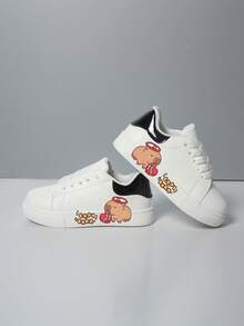 Kids' Casual Sneakers, New Spring/Autumn Fashion Cute Cartoon Print Breathable Soft Sole Student White Shoes - Black - View 4