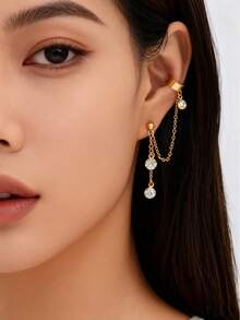 一对嘻哈风格耳钉，带耳夹，不锈钢流苏耳环