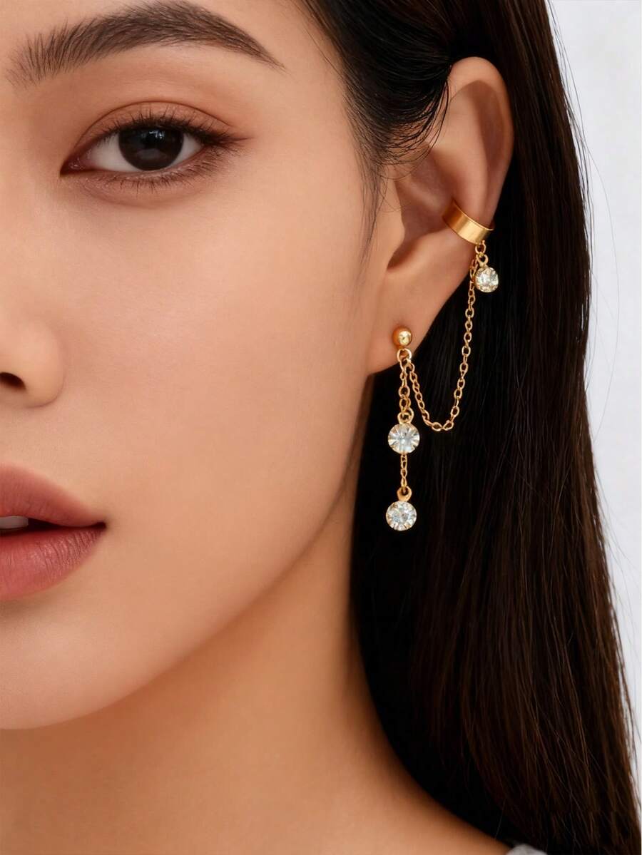 一对嘻哈风格耳钉，带耳夹，不锈钢流苏耳环