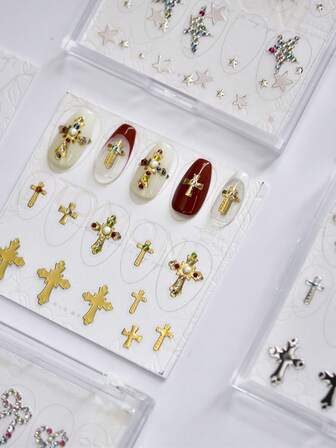 1 Piece Of New High-End Nail Art Luxury Diamond Jewelry With Diamond Inlay, Curved Edge, Full Diamond, Light Star Cross, Nail Charm, DIY Nail Art