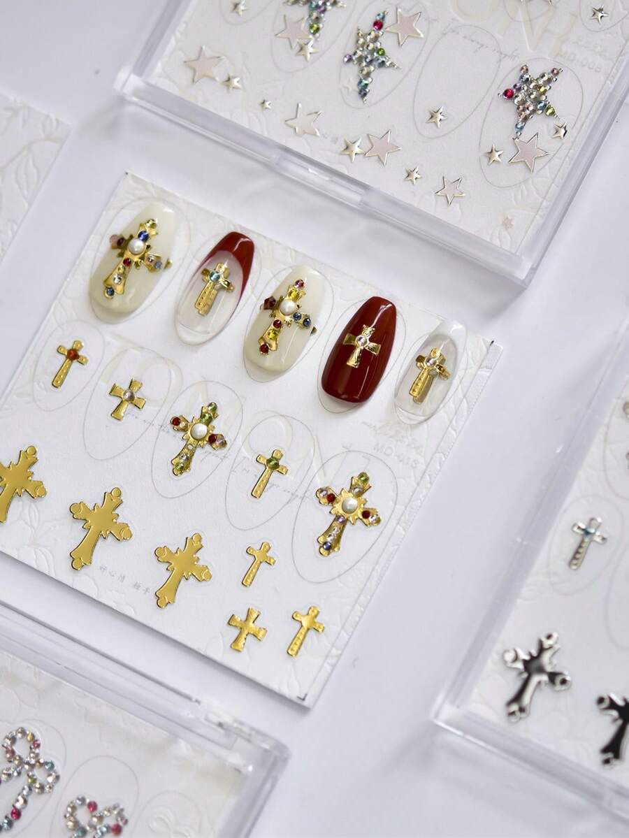 1件新款奢华美甲钻石饰品，镶嵌钻石，弧形边缘，全钻，星形十字形，美甲装饰，DIY美甲
