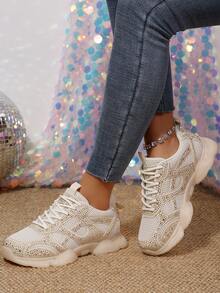 Women's Mesh Rhinestone Solid Color Lace-Up Jelly Sole Casual Sports Shoes - Beige - View 4