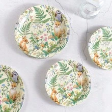 森林狐狸猫头鹰图案一次性餐盘、纸杯、爆米花盒、食品容器套装，适合24位客人，一次性纸盘派对餐具套装，适用于生日、婚礼、派对、家庭野餐 - 多色 - 查看 4