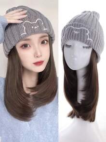 Synthetic 18inch Hat Wig All-In-One Fashion Autumn And Winter Bear Knit Hat Clavicle Hair Versatile Internet Celebrity Wig Cap - Multicolor - View 13