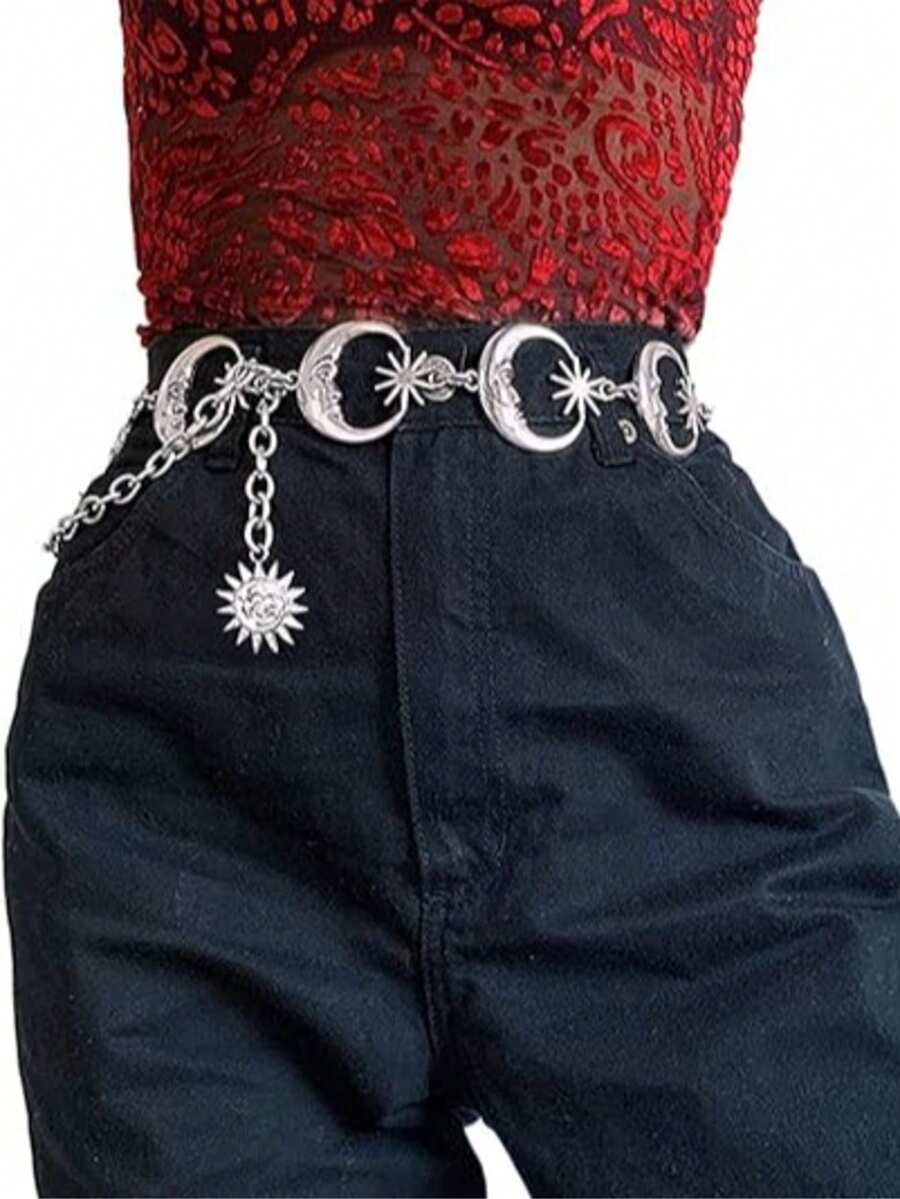 优雅金属腰链，饰有日月月牙图案 - 可调节嘻哈复古风腰饰，时尚百搭的女士吸睛单品 - 月亮太陽腰鏈 - 查看 1