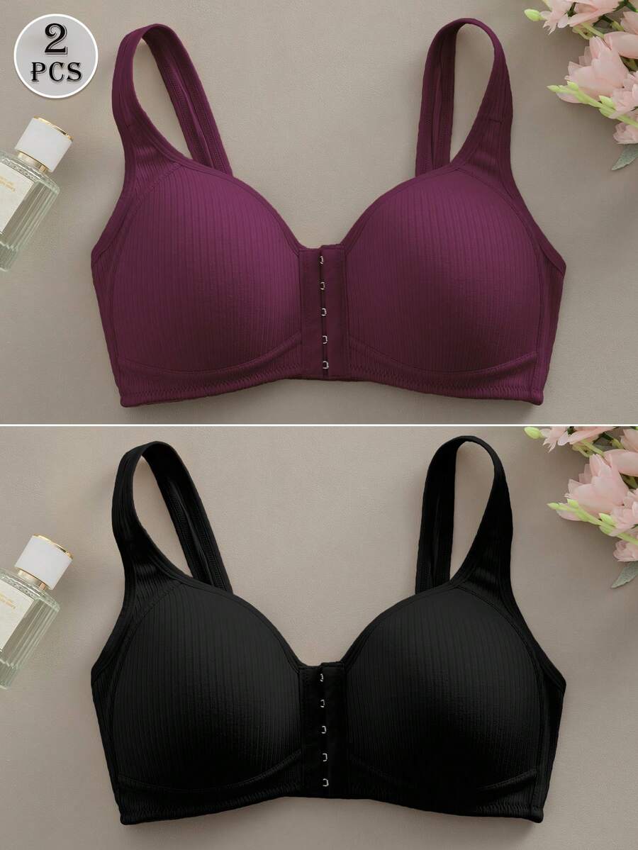 2pcs Wireless Front Closure Bra - With Fixed Pads - Designed For C-E Cups | Natural Bust Shape - Multicolor - View 1