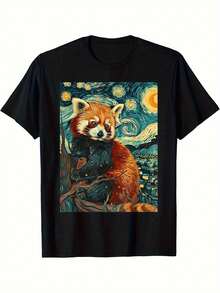 Camiseta de arte de Van Gogh Noche Estrellada y Panda Rojo para Hombre - Algodón 100% Pesado Ajuste Relajado Tallas Grandes y Altas L-5XL - Ropa Casual y Formal Negra Suave con Diseño de Panda Rojo Inspirado en Van Gogh - Camiseta Gráfica Artística Lavable a Máquina para Eventos Diarios y Formales - Inspirada en la Pintura de Noche Estrellada - Negro - Ver 1