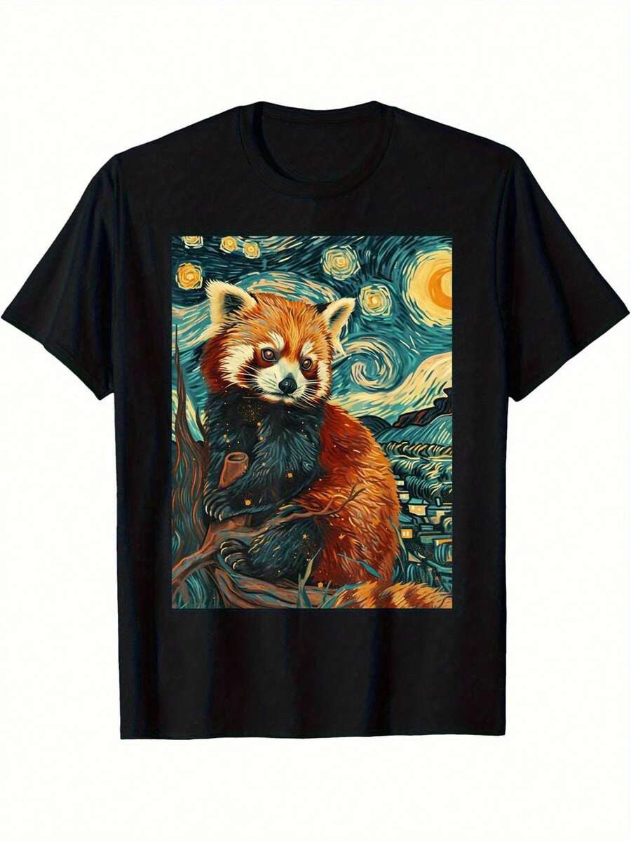Camiseta de arte de Van Gogh Noche Estrellada y Panda Rojo para Hombre - Algodón 100% Pesado Ajuste Relajado Tallas Grandes y Altas L-5XL - Ropa Casual y Formal Negra Suave con Diseño de Panda Rojo Inspirado en Van Gogh - Camiseta Gráfica Artística Lavable a Máquina para Eventos Diarios y Formales - Inspirada en la Pintura de Noche Estrellada - Negro - Ver 1