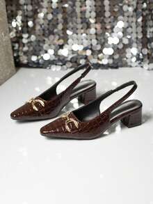 Giày bít mũi hở gót cho nữ, kiểu dáng thanh lịch, quai hậu, gót dày, họa tiết đá, khóa kim loại trang trí thời trang, sandal quai hậu kín mũi, cao gót. - màu nâu - Xem 5