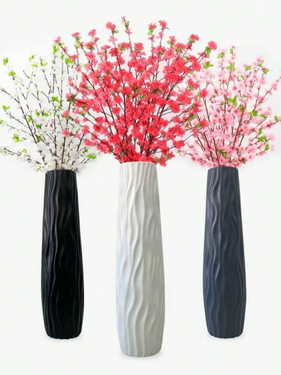 大型落地花瓶，简约水培塑料陶瓷质感，白/黑，欧式家居干花装饰，客厅装饰，大型复古几何塑料花瓶 - 耐用，多色，复古风格桌面装饰 | 经典圆柱形花瓶，无需电池，落地花瓶 | 复古装饰 | 耐用塑料花瓶 - 大花瓶/小花瓶 - 查看 1