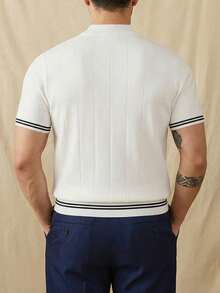 Camisa de punto casual y refinada de estilo caballero retro para hombre, de cuello alto, manga corta, de punto acanalado con rayas de contraste y corte slim, para primavera/verano - Champán - Ver 3