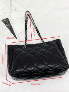 Women's Solid Color Embroidered Diamond Pattern Large Capacity Tote Bag, Versatile And Portable Soft-Sided For Travel, Visiting, Commuting - Black - View 4