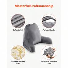 Almohada de lectura , almohada de cama grande con espuma viscoelástica triturada, almohada de espalda con 3 bolsillos y tela corta de terciopelo lavable, parte superior con asa, para ver televisión, leer, jugar y descansar, gris - cama grande - Ver 4