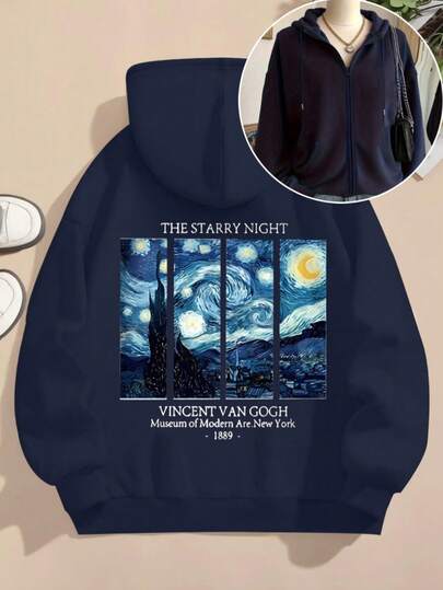 Mujer005-1 Sudadera con capucha con cremallera del Día de los Muertos  invierno sudadera de manga larga cómoda suave Sudadera con el ícono del cuadro "La Noche Estrellada" de Vincent Van Gogh, un diseño artístico único que cautivará a todos los amantes de la arte y la moda