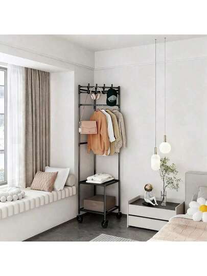 Freestanding Coat Rack With 2 Storage Shelves And 4 Hooks, Metal Clothing Rack For Standing Storage, Suitable For Bedroom, Hallway, Entryway, Office, And Living Room, Black