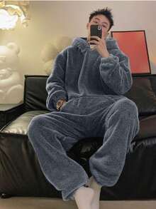 [Fast Shipping] [New For Spring/Summer] School Trip Loungewear, Loungewear, Fall/Winter, Ultra Warm, Soft To The Touch, Can Be Worn Outside, Perfect As A Gift For Friendships, Pullover Pajama Set, Thick, Loose Fit, Long Pants, Warm And Warm, Solid Color, Perfect For Students - 藏蓝色 - 查看 4