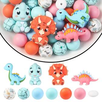 25/28/32/44颗3D恐龙硅胶珠套装（包含霸王龙、腕龙、三角龙彩色恐龙吊坠） - DIY串珠材料，适合制作钥匙扣、挂绳、笔饰和恐龙主题配饰 - 包含焦点珠和圆形珠混合组合