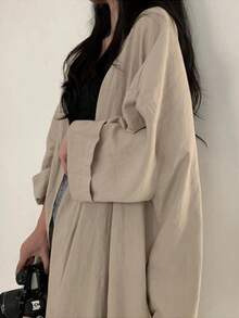 Chaqueta tipo cárdigan holgada de manga larga para mujer Gabardina ligera de color liso para mujer Blusa con protección solar para mujer - Caqui - Ver 2