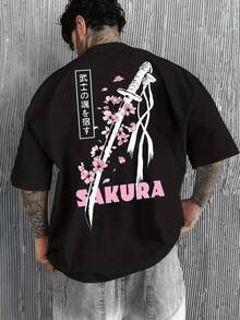 Katana Sakura Flower T-Shirt, Unisex Men's And Women's Blouse, 100% Cotton, Premium Top Streetwear, New Arrival, Immediate Shipping, Various Colors!! Plus Size - 黑色 - 查看 1