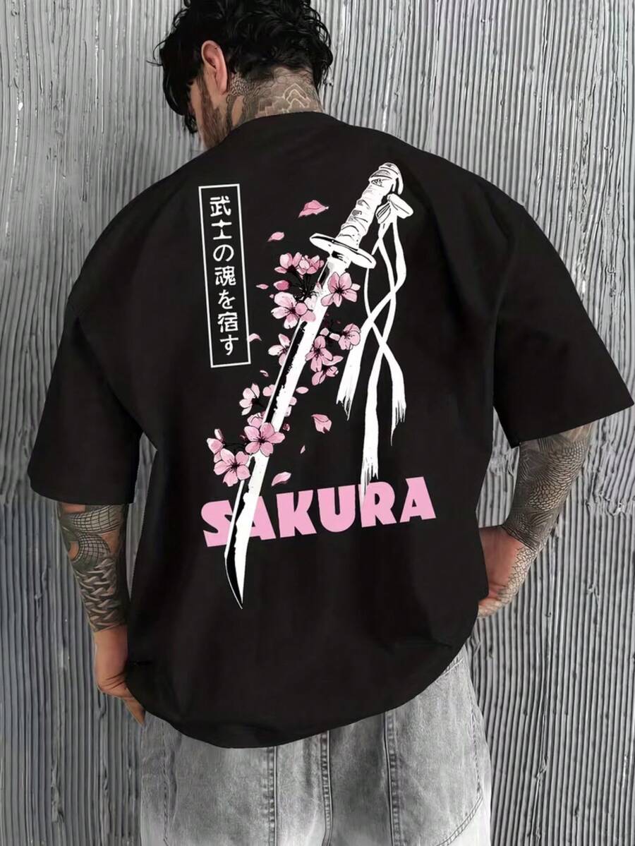 Katana Sakura Flower T-Shirt, Unisex Men's And Women's Blouse, 100% Cotton, Premium Top Streetwear, New Arrival, Immediate Shipping, Various Colors!! Plus Size - 黑色 - 查看 1