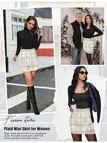 Plaid Skirts For Women, Pencil Mini Skirts For Women High Waist Bodycon Christmas Holiday Fall Winter Skirts - 米色 - 查看 6