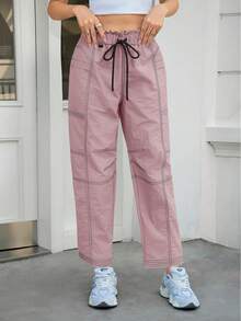 Women's Cargo Pants Wide Leg Elastic Waist Water Resistant Hiking Joggers With Pockets Contrast Stitch Fall Winter Christmas Gifts - 淺紫色 - 查看 3