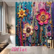 1pc High Quality Vintage Colorful Striped Floral Print Shower Curtain,100% Polyester,Machine Washable,Includes 12 Hooks,For Bathroom, Separate Wet And Dry Areas,Bathroom Decor And Accessories - 顏色12 - 查看 5