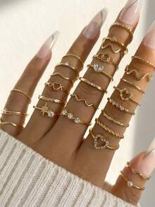 28pcs Heart Shaped Geometric Boho Style Rhinestone Accent Minimalist Wave Knuckle Rings, Suitable For Women's Daily Wear, Dates, Gatherings, Gifts For Girlfriends, Parties, Street Style (Includes Size Chart, Do Not Forcefully Bend, Purchase Carefully)