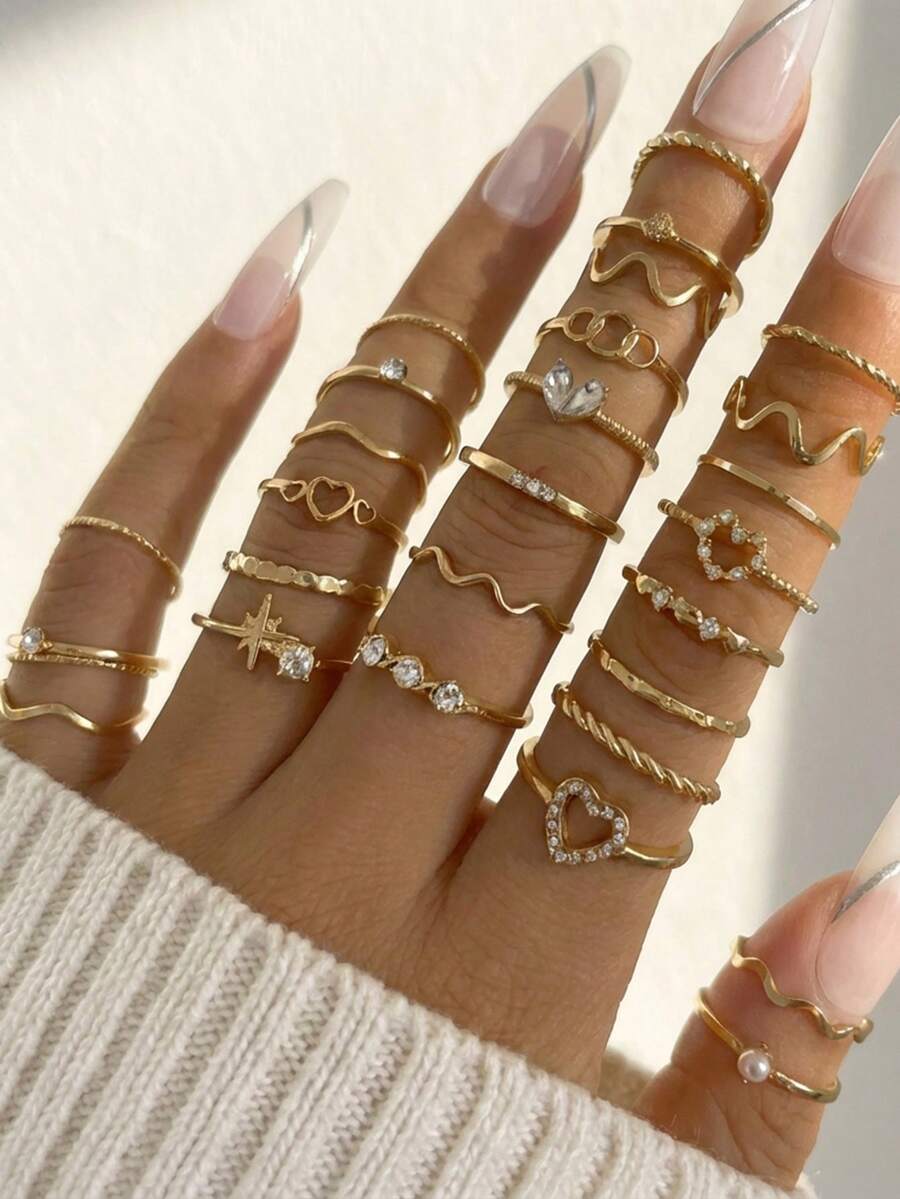 28pcs Heart Shaped Geometric Boho Style Rhinestone Accent Minimalist Wave Knuckle Rings, Suitable For Women's Daily Wear, Dates, Gatherings, Gifts For Girlfriends, Parties, Street Style (Includes Size Chart, Do Not Forcefully Bend, Purchase Carefully)