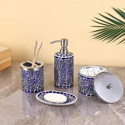 家庭用品 | バスルームアクセサリーセット | バスルームアクセサリー4点セット | ソープディスペンサー、トレイ、ジャー、歯ブラシホルダー | エレガントなモザイク（パープル）