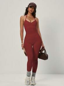 PinkTip 女士时尚叠领设计短款弹力吊带背心和运动裤套装，纯色百搭吊带露背简约运动套装，适合跑步、健身、瑜伽、户外活动 - 紅色 - 查看 6