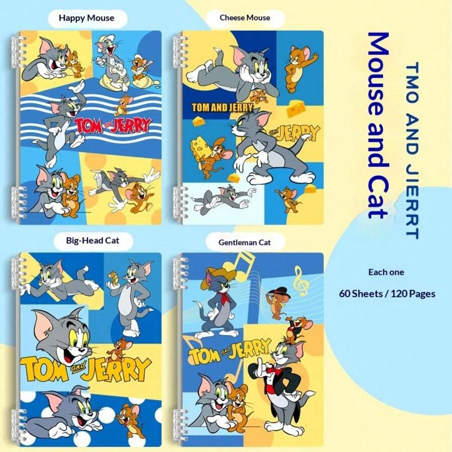 Warner Bros 1本华纳兄弟汤姆和杰瑞螺旋笔记本，包含4款卡通图案：顽皮老鼠、奶酪老鼠、大头猫、绅士猫，60张/120页，适用于学生课堂笔记、日常备忘录，可爱动漫文具，书写流畅，是送给女孩的理想礼物。 - 彩色 - 查看 1