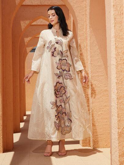 女士优雅V领刺绣网纱长袖卡夫坦连衣裙