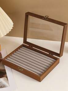 1个木纹首饰盒，透明防尘高端精致首饰盒，珠宝盒，收纳盒，包装盒，化妆盒，翻盖设计，透明玻璃，中式复古小型首饰收纳盒，带玻璃盖防尘，用于存放项链、手链、戒指，送给女友/妻子的礼物