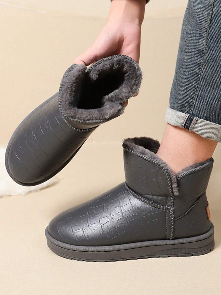 Plus Size Unisex Fashion Snow Boots, New Winter Warm Plush Lined Waterproof Casual Mid-Calf Winter Shoes, Slip-On Design - Grey - View 1