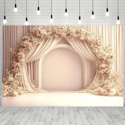 2D Flat Banner 1pc Elegant Floral Arch Backdrop Banner - Pink And White Roses With Greenery, Perfect For Valentine's Day, Birthdays, Anniversaries, And Photo Shoots. Easy-To-Use Indoor/Outdoor Party Decoration. Polyester Material. Photo Backdrop | Romantic Decor | Durable Polyester, Floral Decor