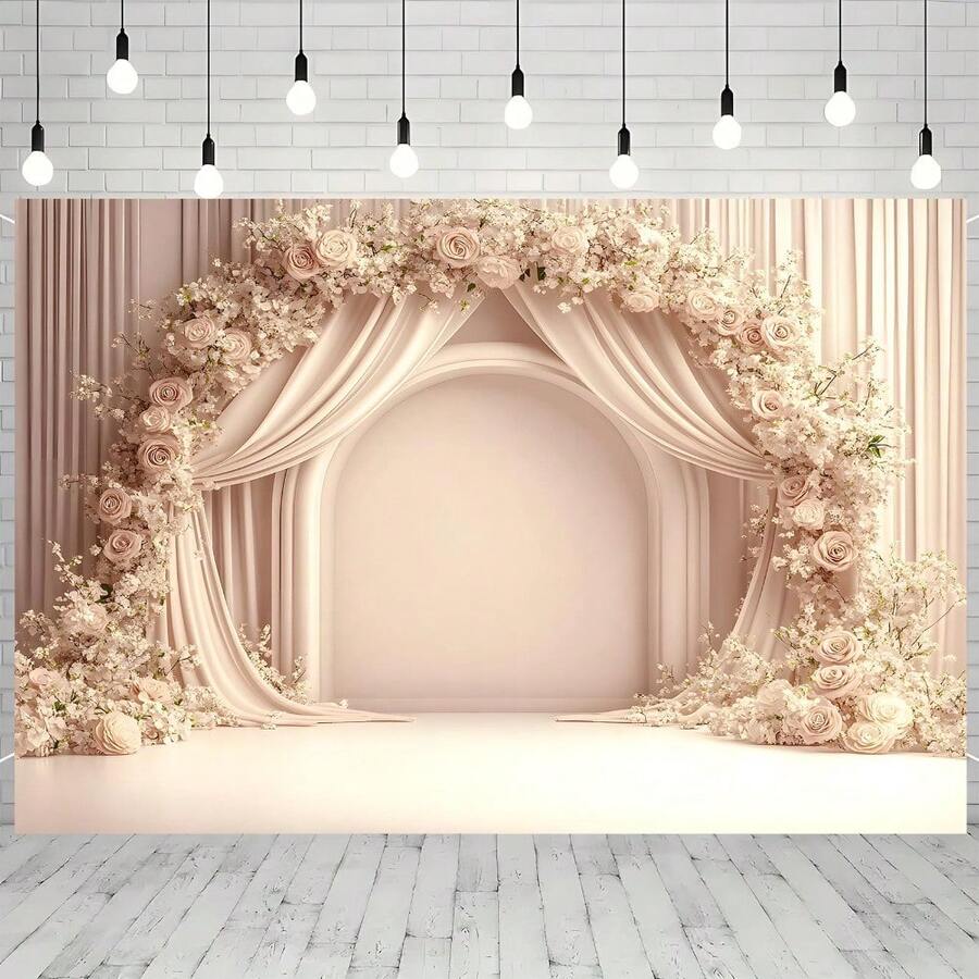 2D Flat Banner 1pc Elegant Floral Arch Backdrop Banner - Pink And White Roses With Greenery, Perfect For Valentine's Day, Birthdays, Anniversaries, And Photo Shoots. Easy-To-Use Indoor/Outdoor Party Decoration. Polyester Material. Photo Backdrop | Romantic Decor | Durable Polyester, Floral Decor