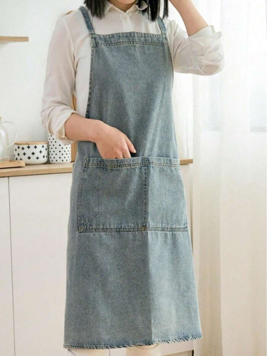 1 قطعة مريلة جينز، رباط خصر طويل إضافي، للاستخدام المنزلي والمطبخ والعمل والارتداء اليومي للجنسين - متعدد الألوان - مشاهدة 1