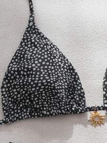 wohenmeili Women's Summer Beach Full Print Halter Tie Sexy Bikini Swimsuit Set - Black Background With White Dots - View 8