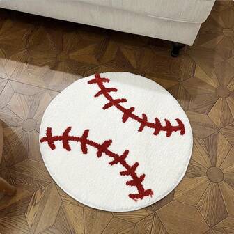 Soft & Comfortable White Baseball Plush Carpet - Non-Slip, Machine Washable Polyester Carpet For Home Decor And Bathroom