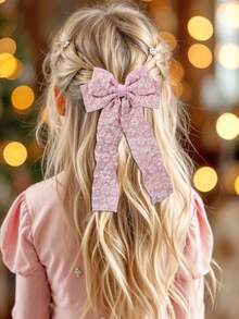 2pcs Cream/Pink Lace Hair Bows For Girls ,Sweet Flower Print Hair Clips With Long Ribbons ,Alligator Clips ,Elegant Barrettes ,Hair Accessories For Daily Life ,Vacaton & Festivals,Favor Gifts