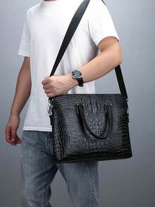 Men's Luxury Crocodile Emboss 14 Inch Briefcase Messenger Bag, Two Zippers Compartment Large-Capacity Laptop Bag, Crossbody Shoulder Bags Handbag For Business,Commutting Office Bag