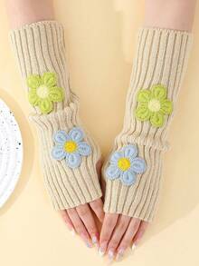1 双儿童花卉露指手套，女童 Y2K 风格针织臂套，秋冬款