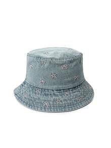 1 pieza Sombrero de cubo de mezclilla con bordado de lazo y estrella para mujer, de moda y versátil, regalo de Navidad ideal, otoño/invierno - A - Ver 2