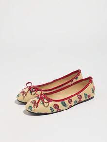 Women's Ballet Shoes, Slip-On Round Toe Casual Loafers With Cherry Blossom & Bow Design, Suitable For Dresses - Apricot - View 6