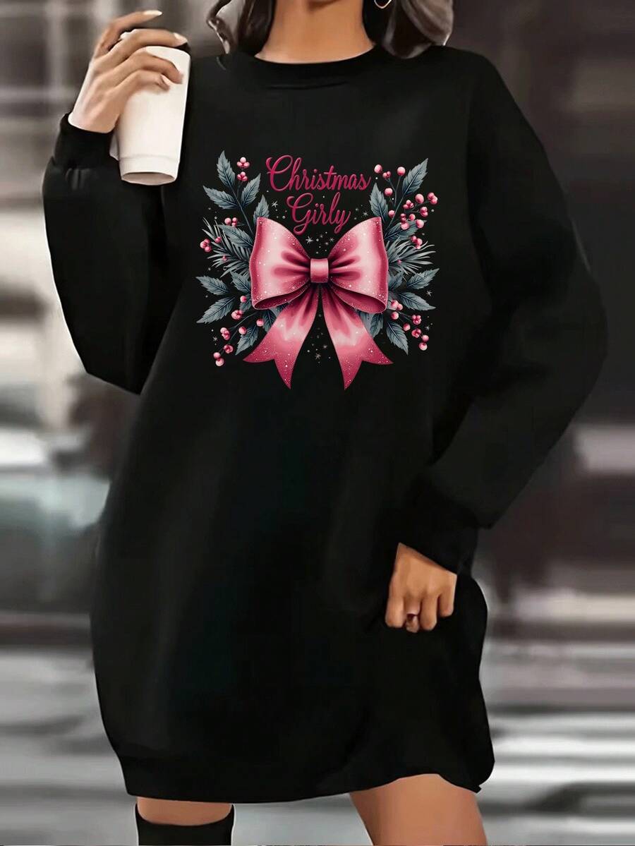 una pieza Vestido de Jersey de Cuello Redondo para Mujer Estilo Navideño con Diseño de Bow y Hojas Festivas Moda Casual Suave y Cómodo para Celebraciones de Invierno Outfit de Navidad Bonito y E - Negro - Ver 1