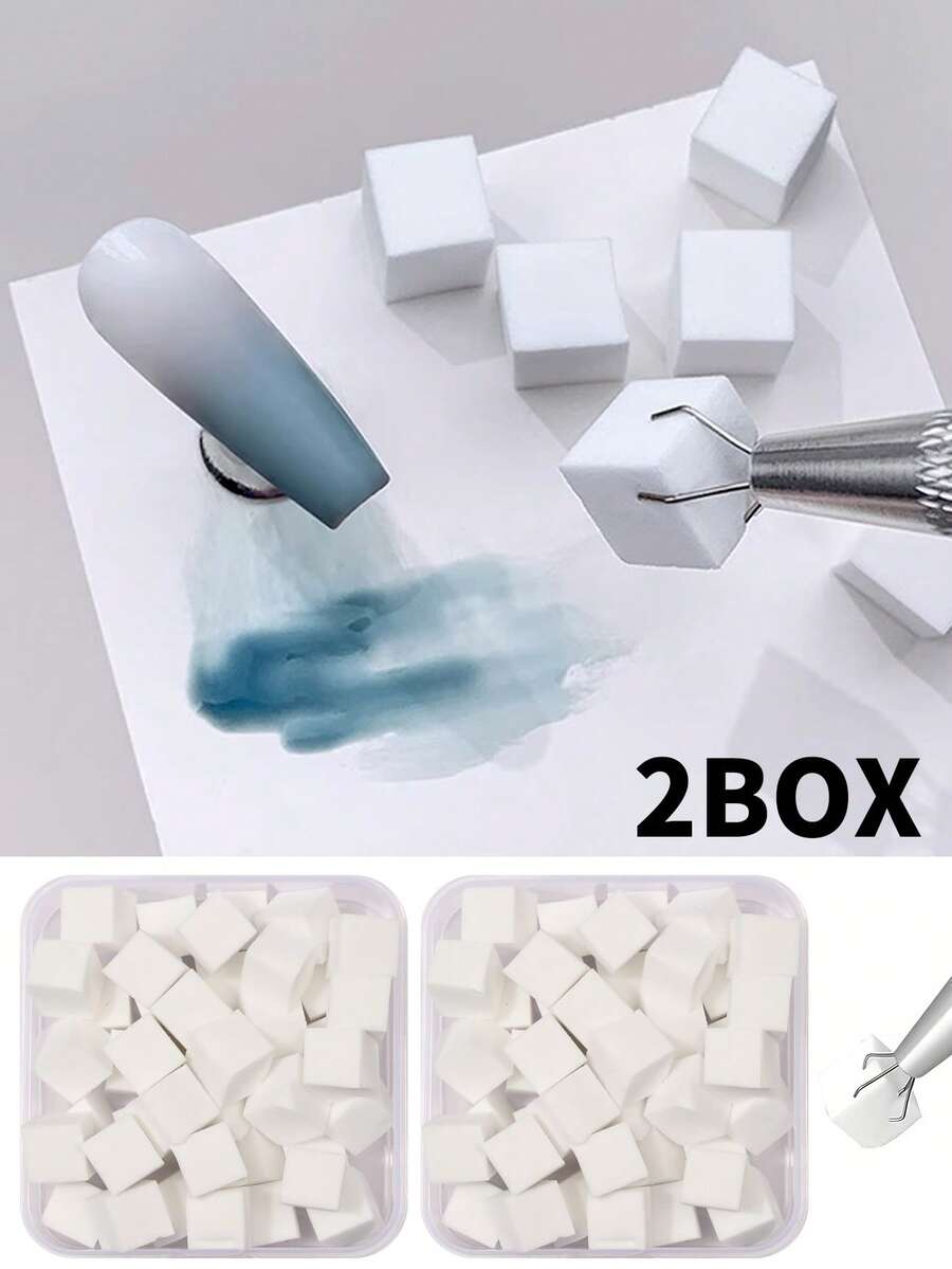 2-Box Set Of 100pcs Mini Sponge Blocks With 4 Claws Tweezers Gripper, Manicure Nail Painting Gel Ombre Coloring Sponge Gradient Nail Gel Polish Tools - Multicolor - View 1